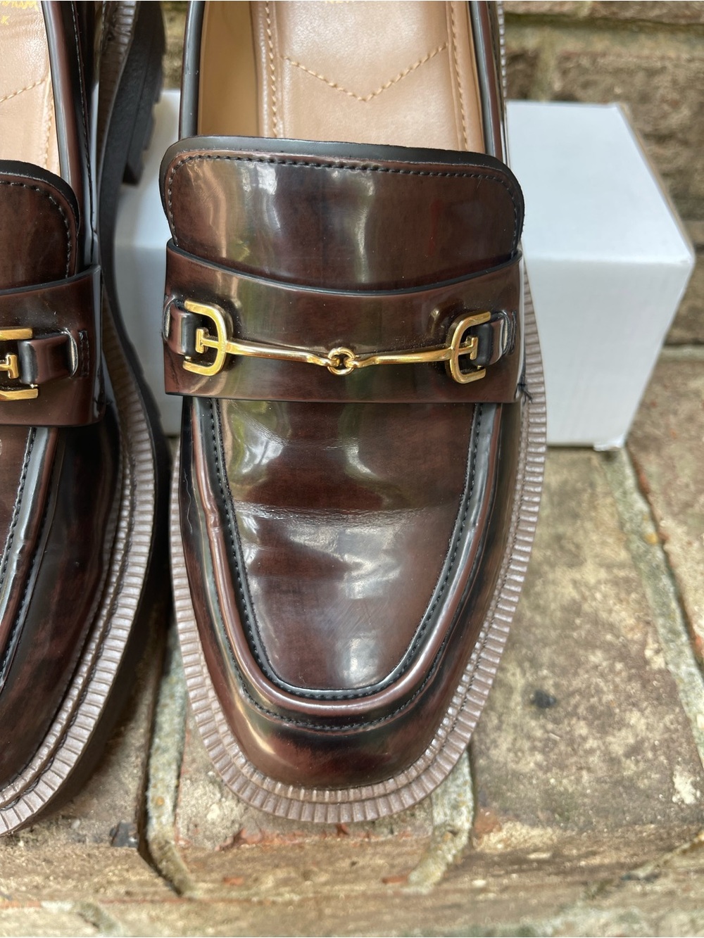 Sam Edelman Brown Lug Sole Horsebit Loafers Glossy Platform Shoes Women’s 8.5 - Picture 3 of 16